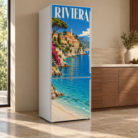 Riviera Travel Poster Fridge Wrap – Full Color Vinyl Refrigerator Decal
