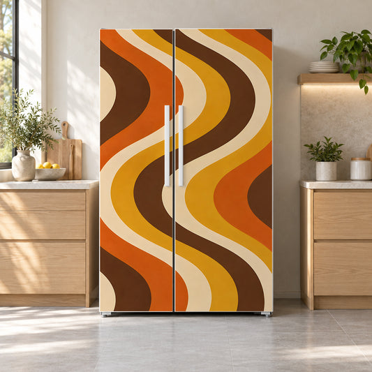70s Retro Stripes fridge wrap on a side-by-side refrigerator