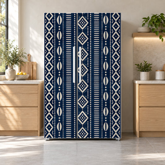 Adire Indigo Pattern fridge wrap on a side-by-side refrigerator