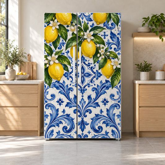 Amalfi Lemons & Majolica fridge wrap on a side-by-side refrigerator