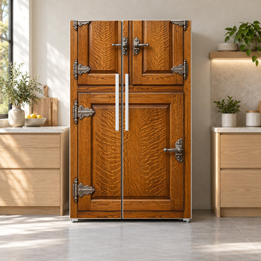 Antique Oak Icebox fridge wrap on a side-by-side refrigerator