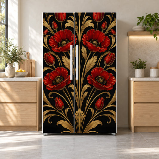 Art Deco Red Floral fridge wrap on a side-by-side refrigerator