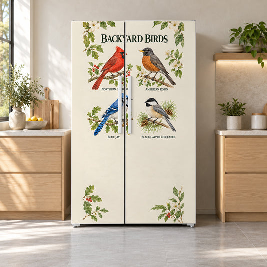 Backyard Birds Guide fridge wrap on a side-by-side refrigerator