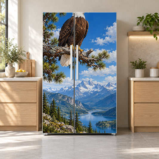 Bald Eagle fridge wrap on a side-by-side refrigerator