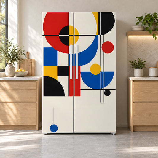 Bauhaus Shapes fridge wrap on a side-by-side refrigerator