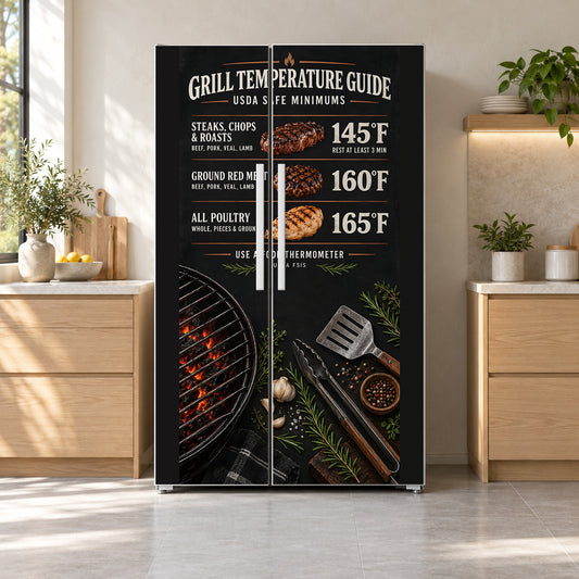 BBQ Meat Temperature Chart fridge wrap on a side-by-side refrigerator