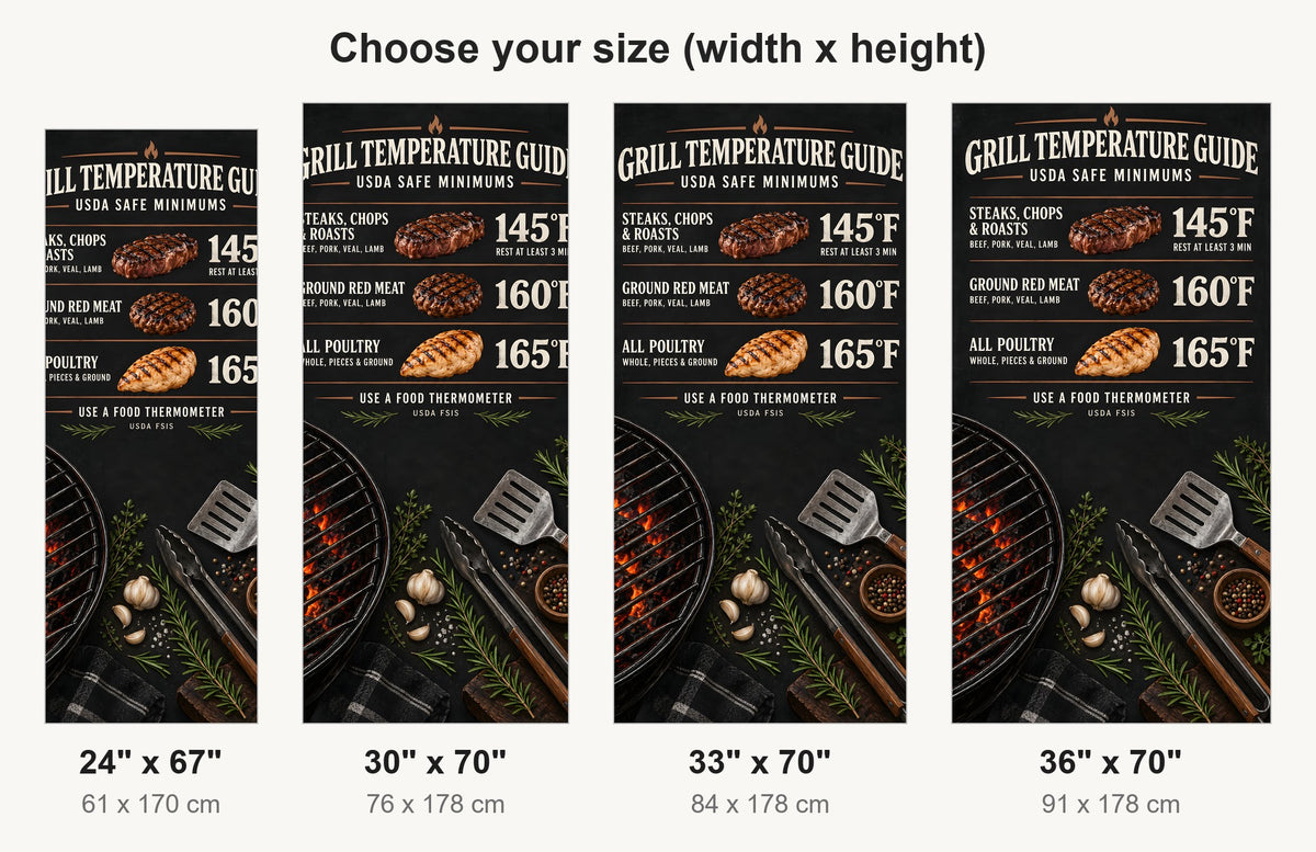 BBQ Meat Temperature Chart fridge wrap available sizes 24, 30, 33 and 36 inch