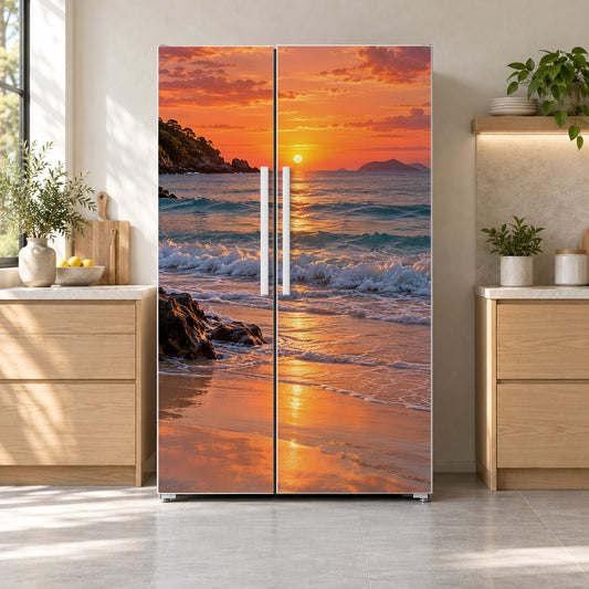 Beach Sunset fridge wrap on a side-by-side refrigerator