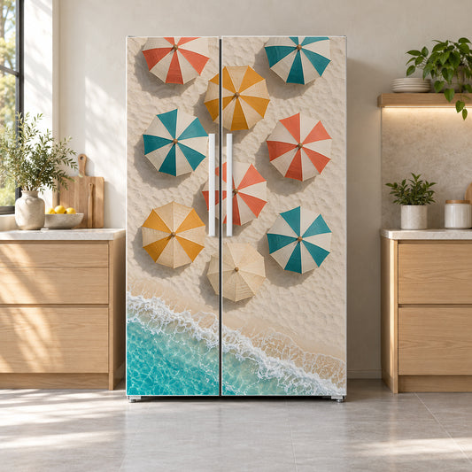 Beach Umbrellas Aerial fridge wrap on a side-by-side refrigerator