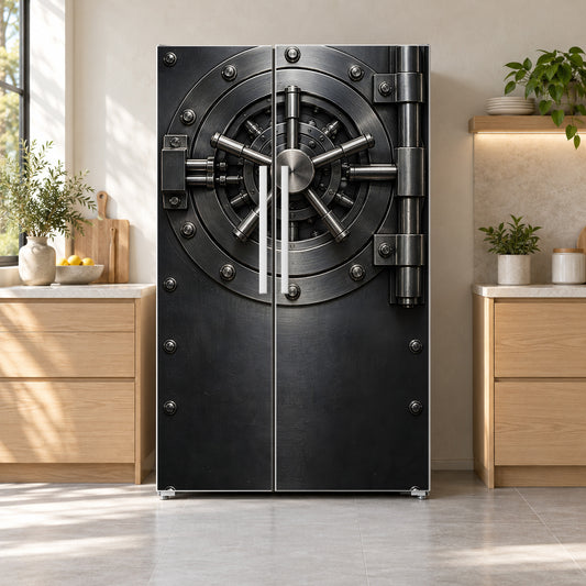 Beer Safe Vault Door fridge wrap on a side-by-side refrigerator