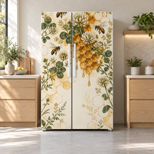 Bees & Honeycomb fridge wrap on a side-by-side refrigerator