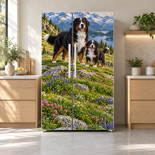 Bernese Mountain Dogs fridge wrap on a side-by-side refrigerator