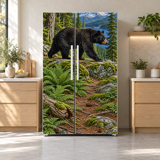 Black Bear Woods fridge wrap on a side-by-side refrigerator