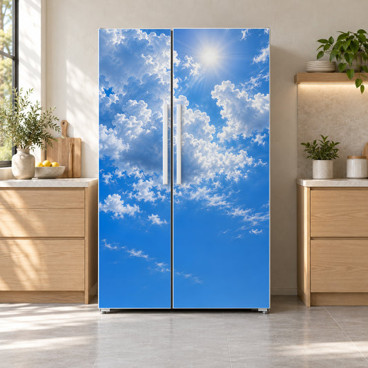 Blue Sky & Clouds fridge wrap on a side-by-side refrigerator