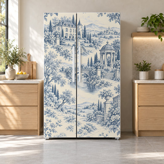 Blue Toile de Jouy fridge wrap on a side-by-side refrigerator