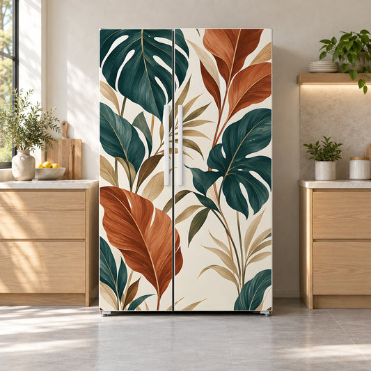 Boho Leaves Terracotta & Teal fridge wrap on a side-by-side refrigerator