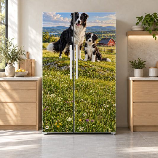 Border Collies fridge wrap on a side-by-side refrigerator
