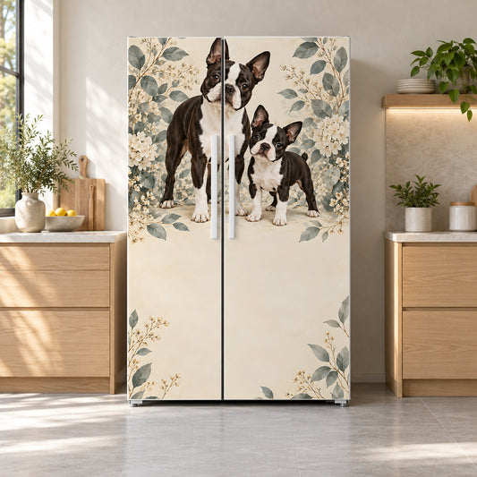 Boston Terriers fridge wrap on a side-by-side refrigerator