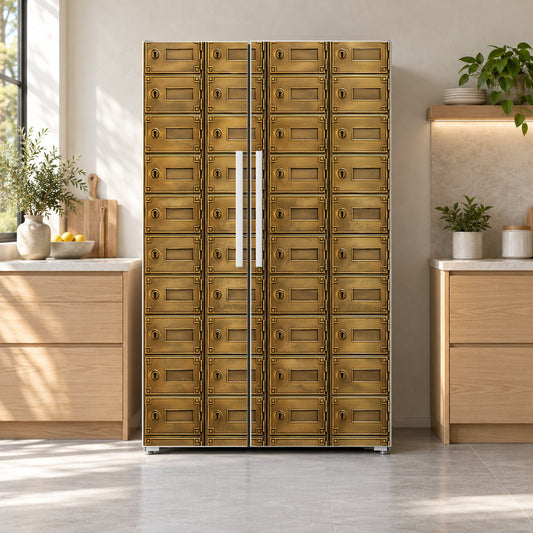 Brass PO Boxes fridge wrap on a side-by-side refrigerator