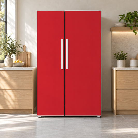 Bright Red fridge wrap on a side-by-side refrigerator
