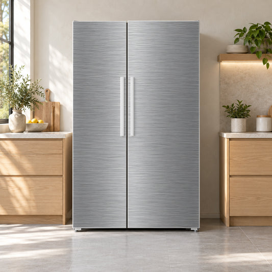 Brushed Stainless Steel Look fridge wrap on a side-by-side refrigerator