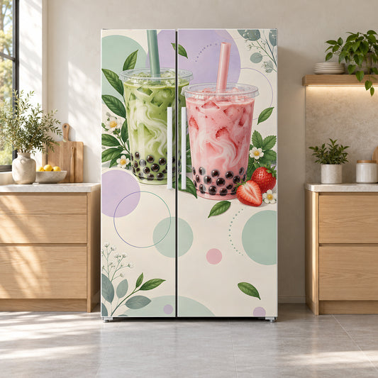 Bubble Tea fridge wrap on a side-by-side refrigerator