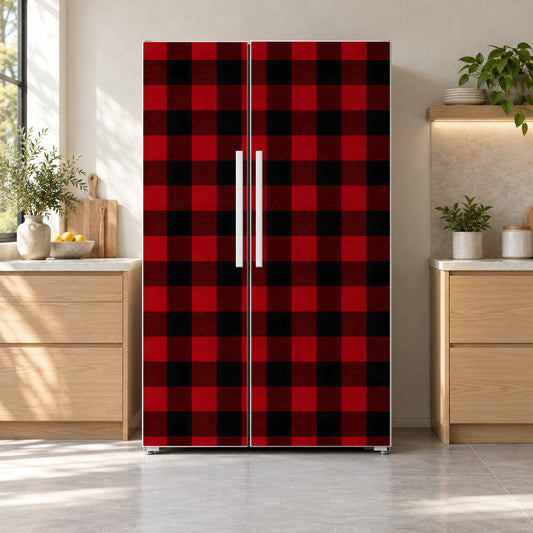 Buffalo Check Plaid fridge wrap on a side-by-side refrigerator