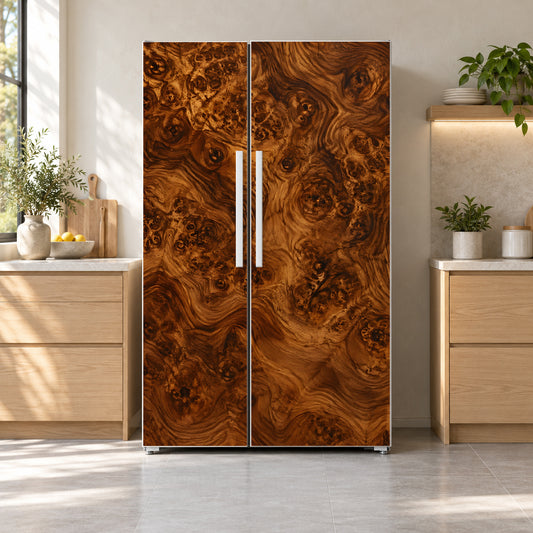 Burl Wood fridge wrap on a side-by-side refrigerator