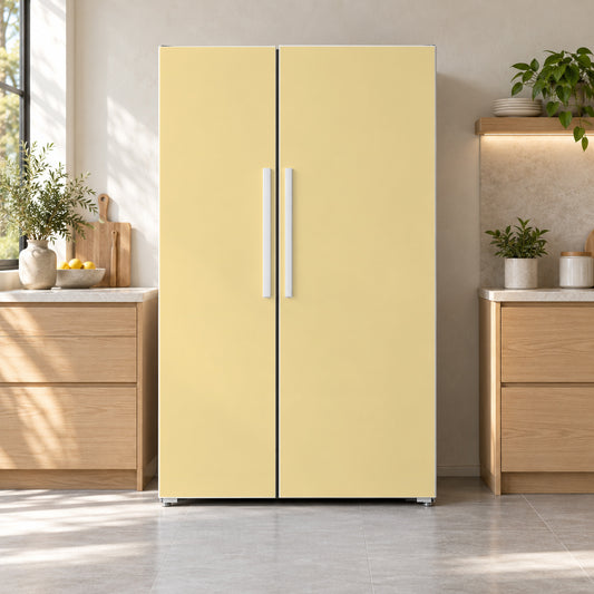 Butter Yellow fridge wrap on a side-by-side refrigerator
