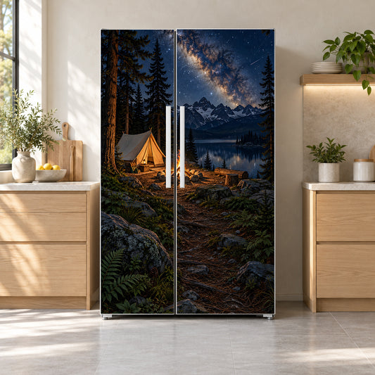 Campfire Under the Stars fridge wrap on a side-by-side refrigerator