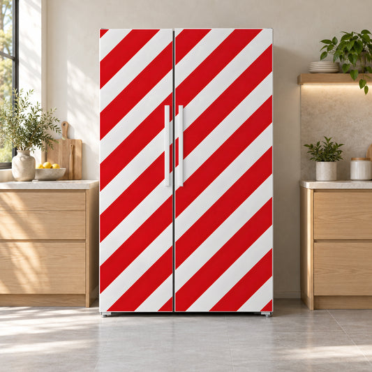 Candy Cane Stripes fridge wrap on a side-by-side refrigerator
