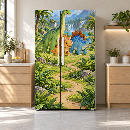 Cartoon Dinosaurs fridge wrap on a side-by-side refrigerator