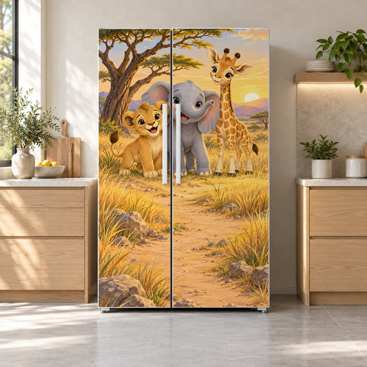 Cartoon Safari Friends fridge wrap on a side-by-side refrigerator