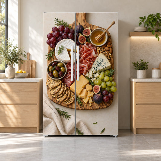 Cheese & Charcuterie Board fridge wrap on a side-by-side refrigerator