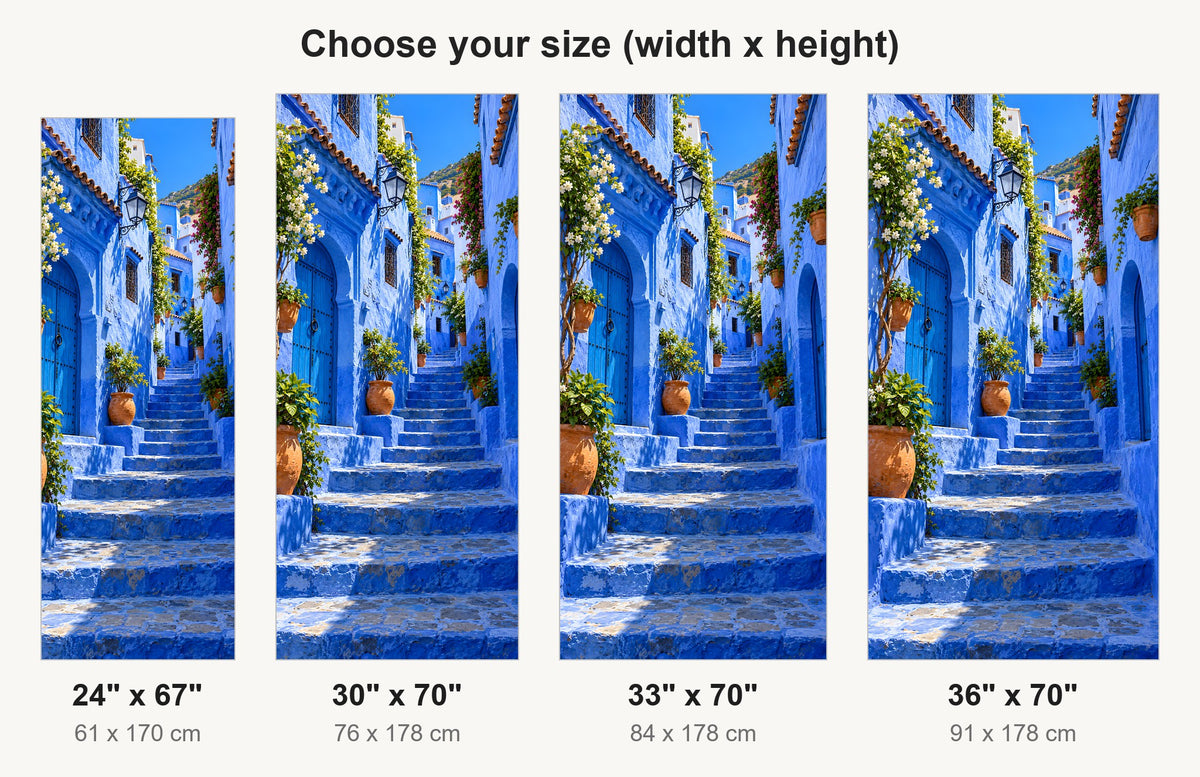 Chefchaouen Blue Streets fridge wrap available sizes 24, 30, 33 and 36 inch