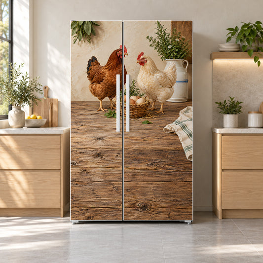 Chickens & Fresh Eggs fridge wrap on a side-by-side refrigerator