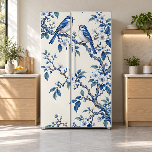 Chinoiserie Birds & Blossoms fridge wrap on a side-by-side refrigerator