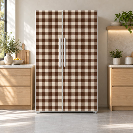 Chocolate Brown Gingham fridge wrap on a side-by-side refrigerator