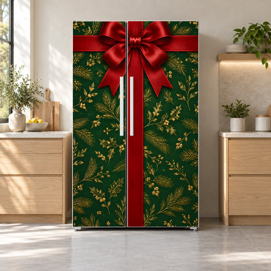 Christmas Gift Wrap fridge wrap on a side-by-side refrigerator