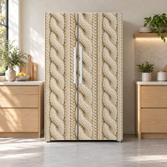 Chunky Cable Knit fridge wrap on a side-by-side refrigerator
