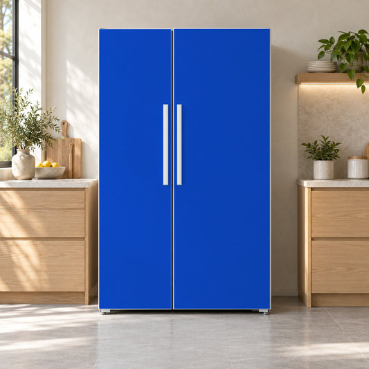 Cobalt Blue fridge wrap on a side-by-side refrigerator