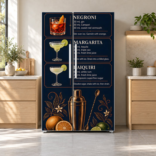 Cocktail Classics Chart fridge wrap on a side-by-side refrigerator