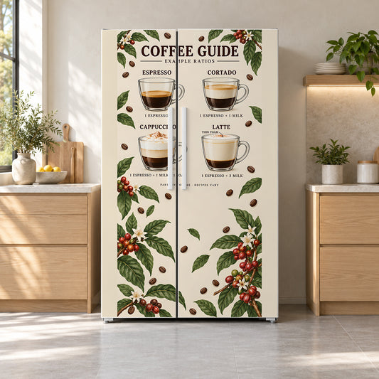 Coffee Drinks Guide fridge wrap on a side-by-side refrigerator