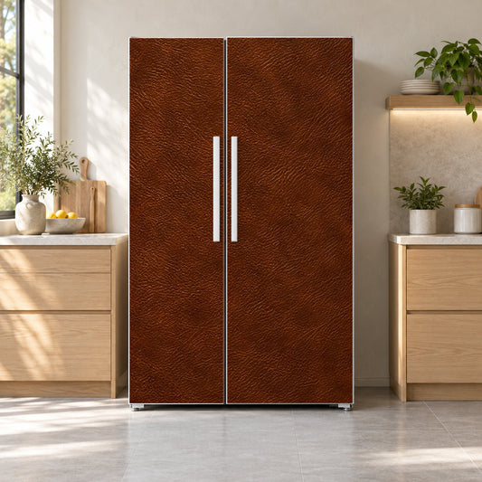 Cognac Leather Look fridge wrap on a side-by-side refrigerator