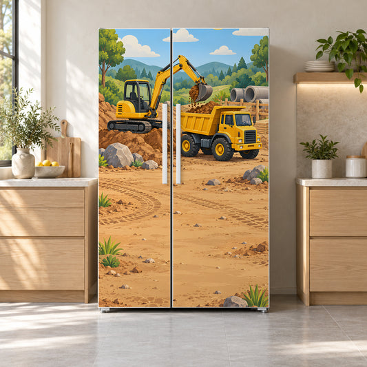 Construction Trucks fridge wrap on a side-by-side refrigerator