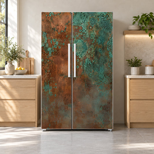 Copper Patina fridge wrap on a side-by-side refrigerator