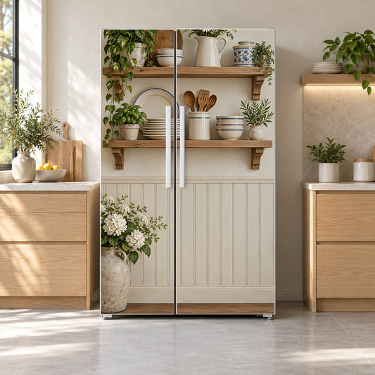 Country Kitchen Shelves fridge wrap on a side-by-side refrigerator