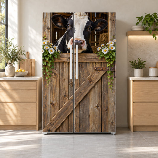 Cow in the Barn Window fridge wrap on a side-by-side refrigerator