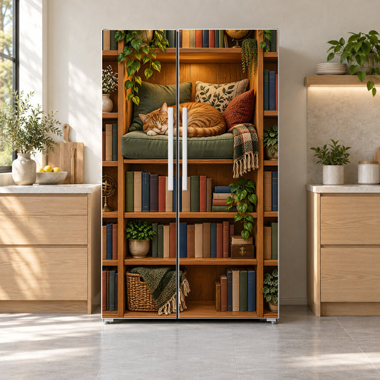 Cozy Library Nook with Cat fridge wrap on a side-by-side refrigerator
