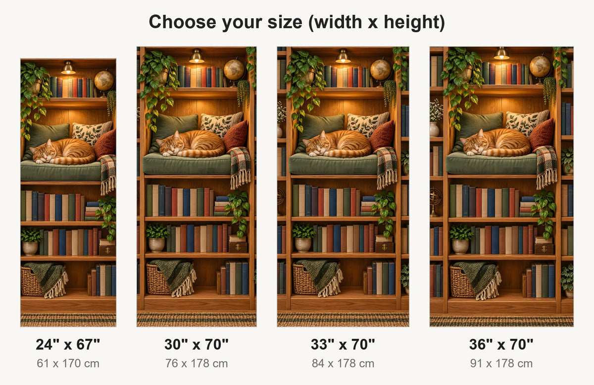Cozy Library Nook with Cat fridge wrap available sizes 24, 30, 33 and 36 inch